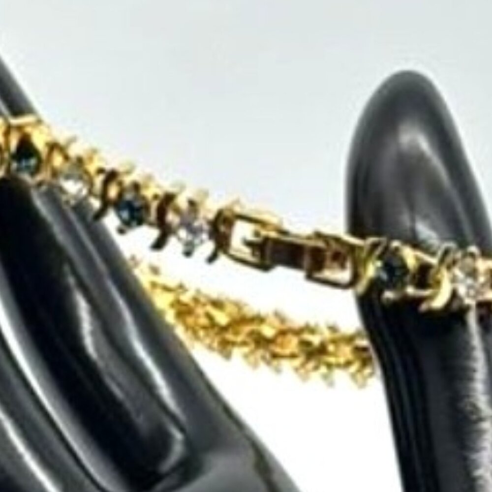 Vintage Gold Tone Metal and Faux Sapphire Faux Diamond Tennis Style Bracelet 80s - Picture 8 of 13